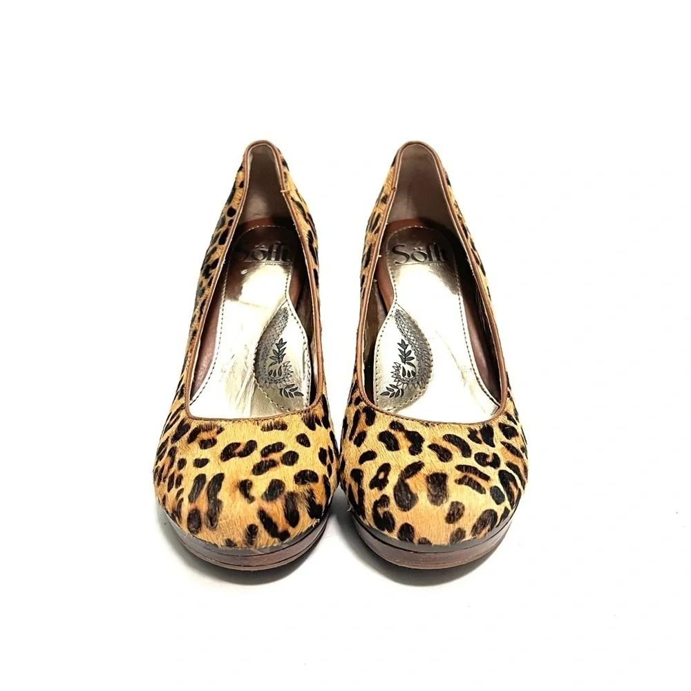 Vintage Y2K pony hair leopard print slip on platform heels
